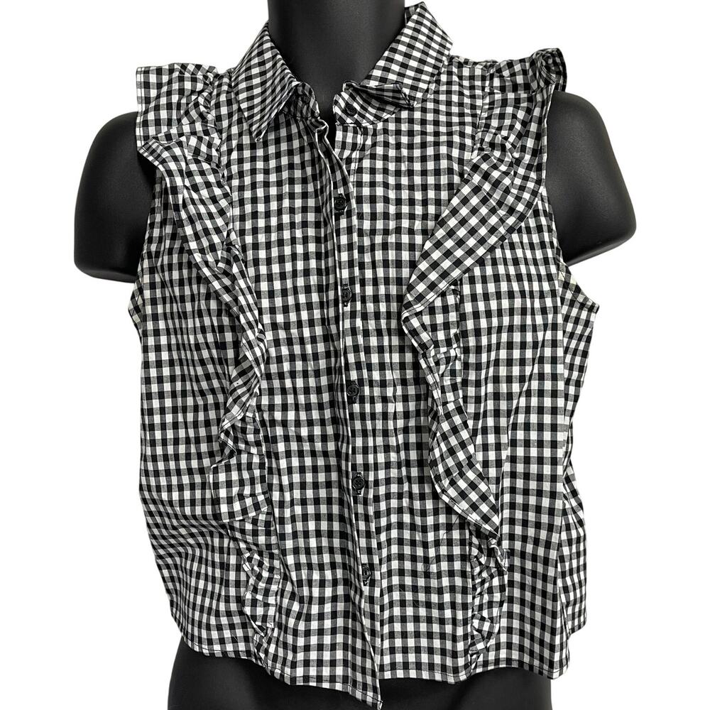 Socialite Top Womens M Black White Checkered Ruffle Sleeveless Button Up STAINS